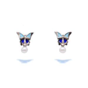 Blue Enamel Butterfly Earrings With Pearl