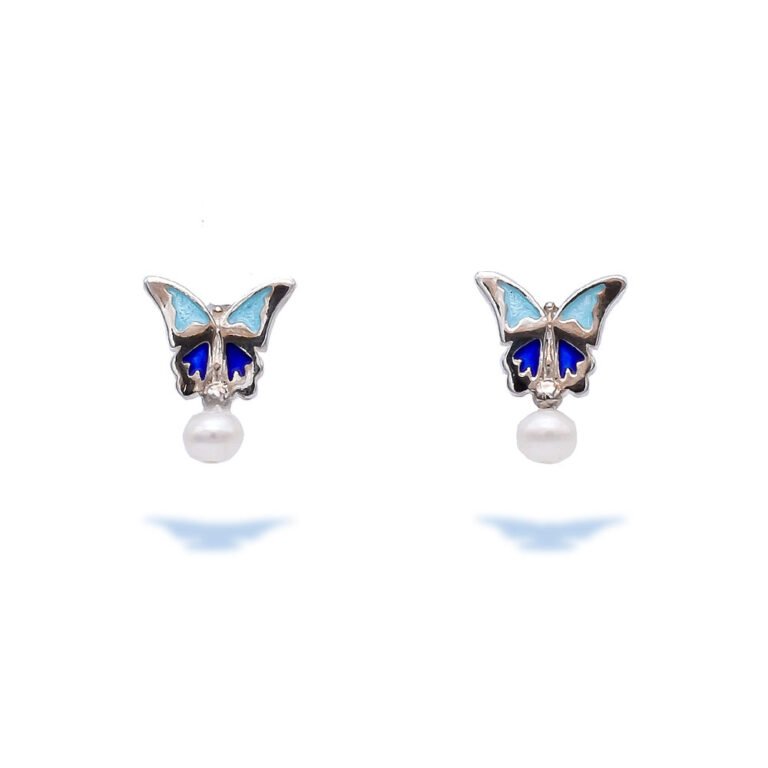 Blue Enamel Butterfly Earrings With Pearl