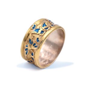 Graceful Ornate Butterfly Ring Gold Plated with Blue Enamel